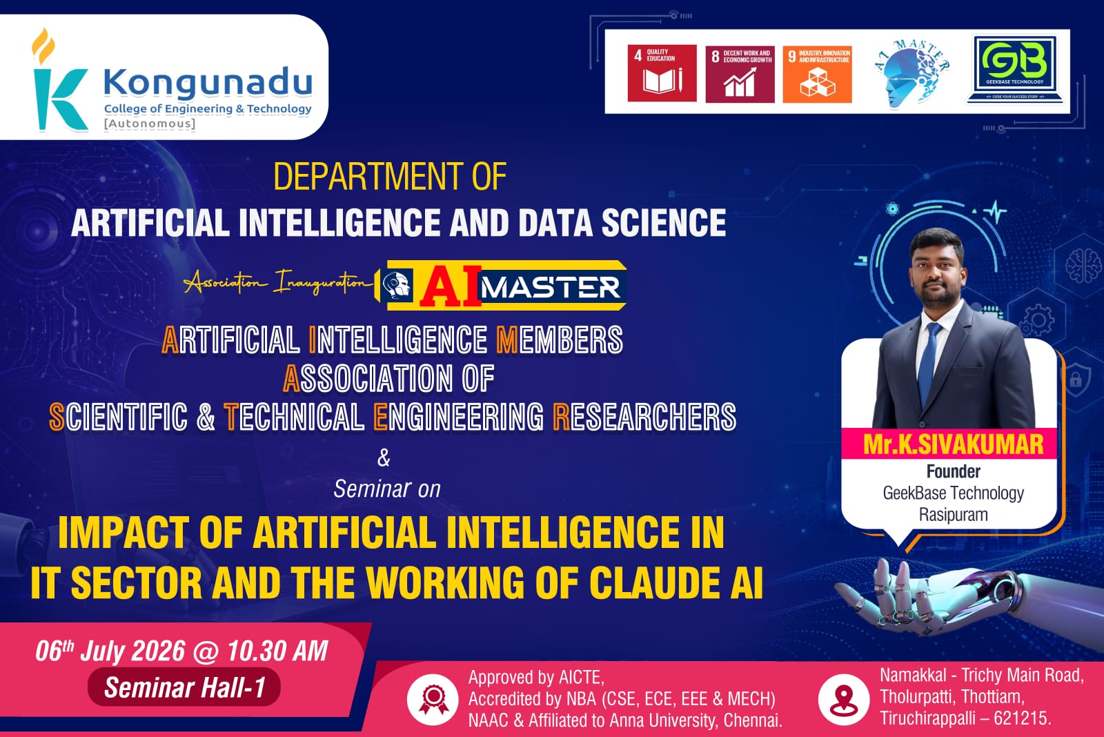 Seminar on the impact of Artificial Intelligence in the IT sector for the AI and Data Science department at Kongunadu College of Engineering and Technology